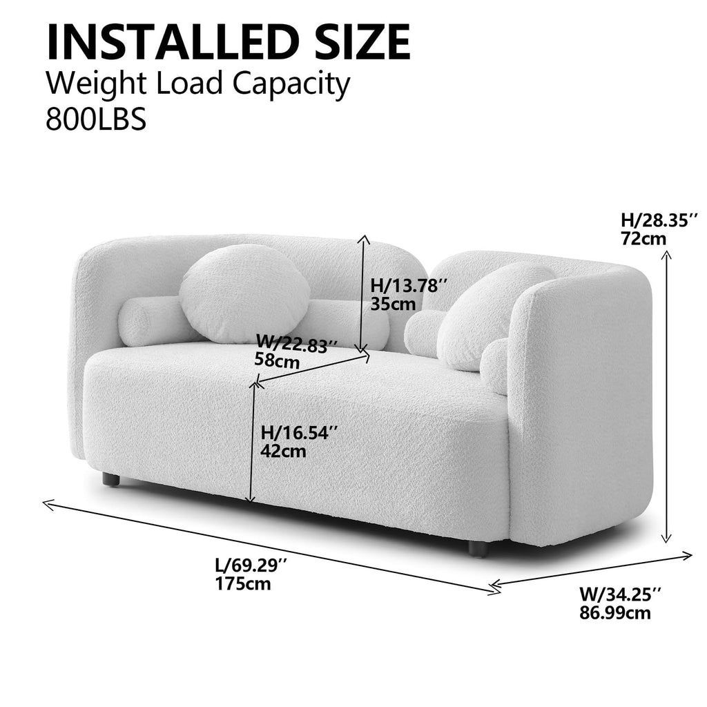 Curved Loveseat Couch, 69.2", Teddy Boucle, Solid Wood, No Assembly, White