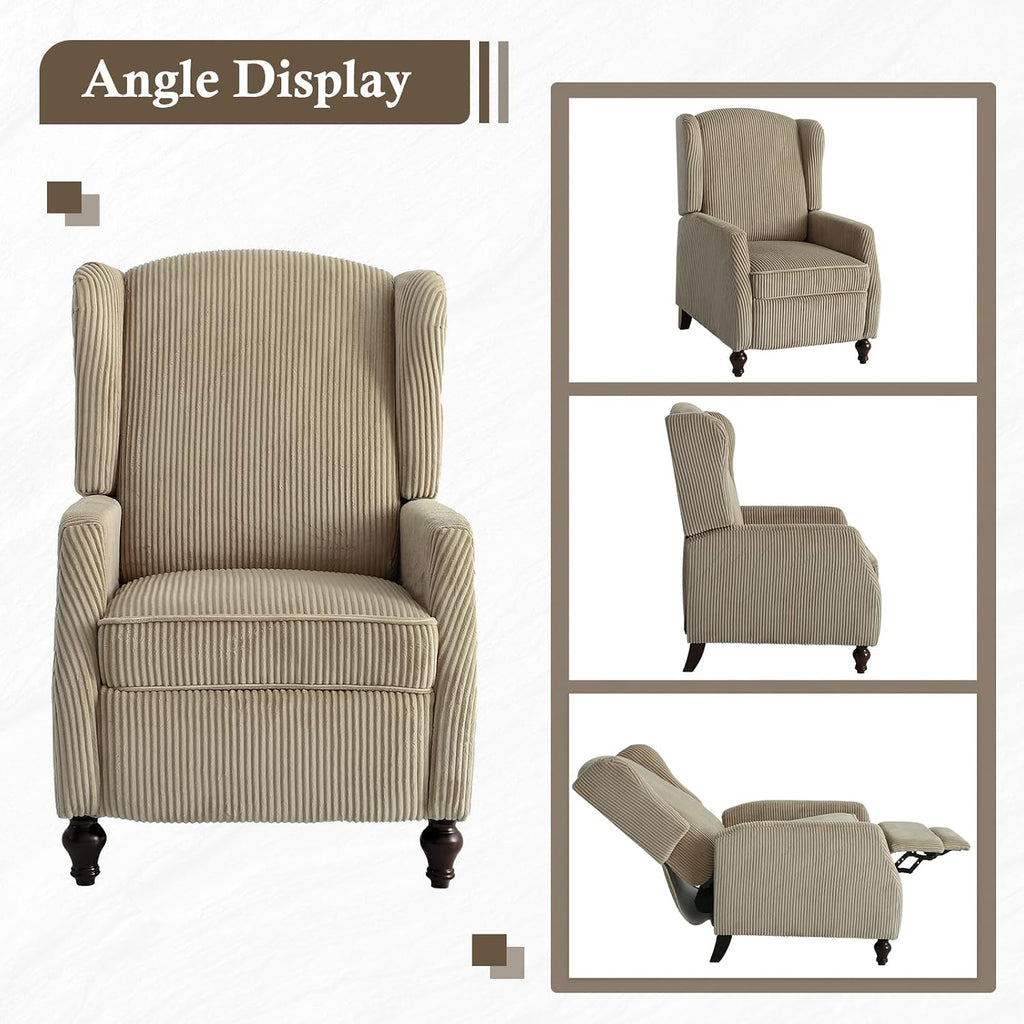 Upholstered Wingback Recliner Chair, Cozy Corduroy Manual Push Back Recliner (1, Khaki)