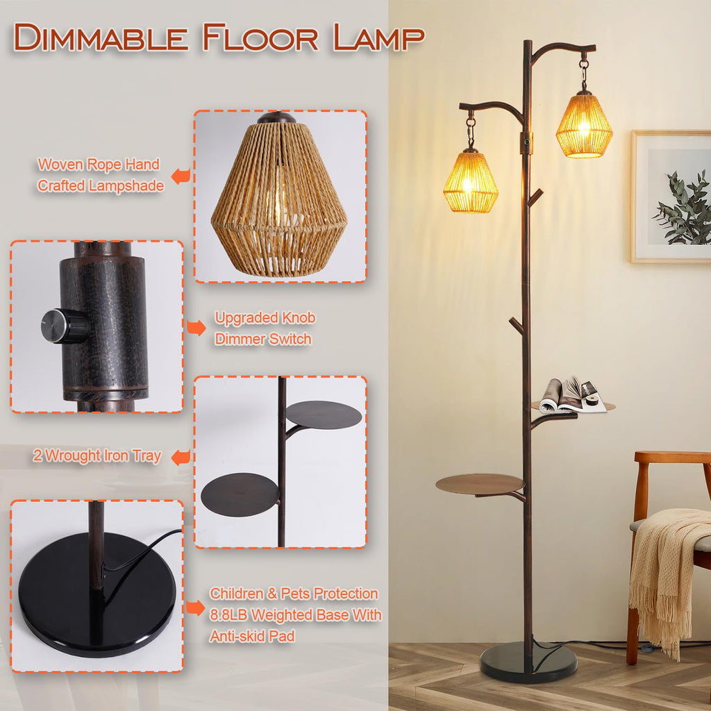 Arc Floor Lamp with Cage Shade, Rattan&Fabric Boho Floor Lamps Bedroom, Rust Color Industrial Dimmable Floor