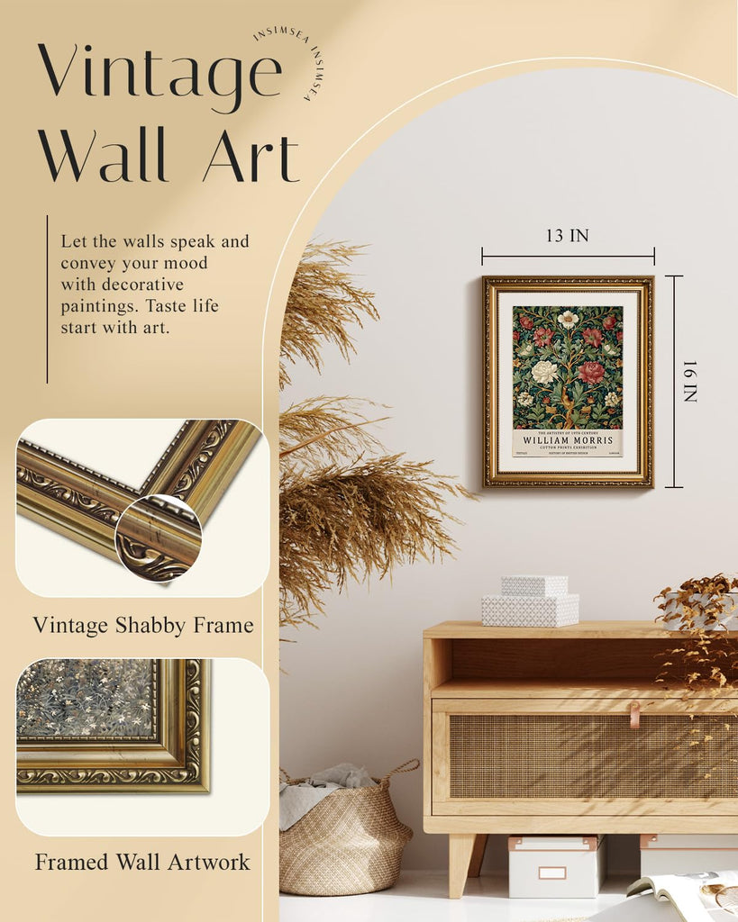Retro Gold Framed Wall Art, William Morris Tree of Life Canvas Prints Art, Small Shelf Decor, 13x16inch, Classical