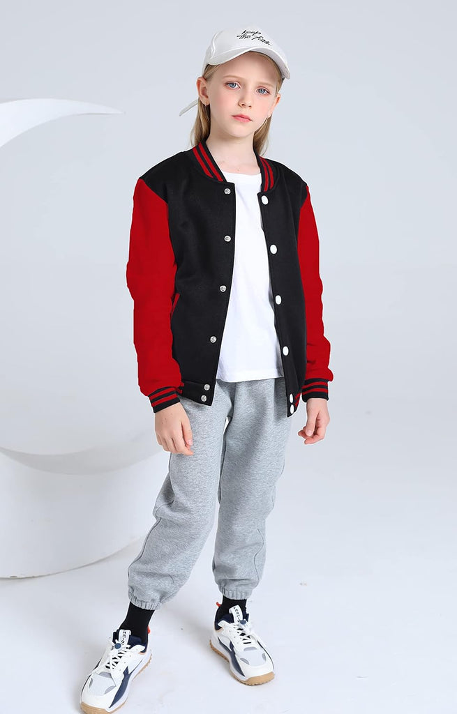Girls Varsity Jacket Kids Baseball Lightweight Jacket Fleece Coat Button Closure School Outwear