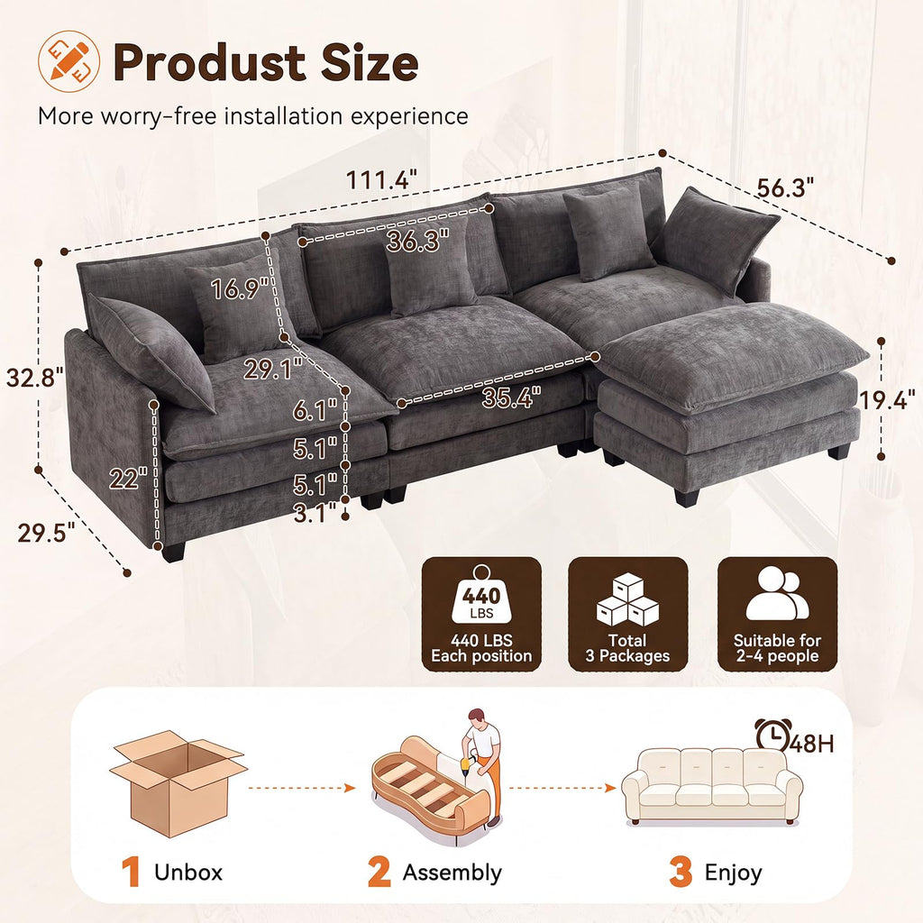 111.4" L‐Shaped Cloud Sectional Sofa Couch, Reversible Chaise, Grey