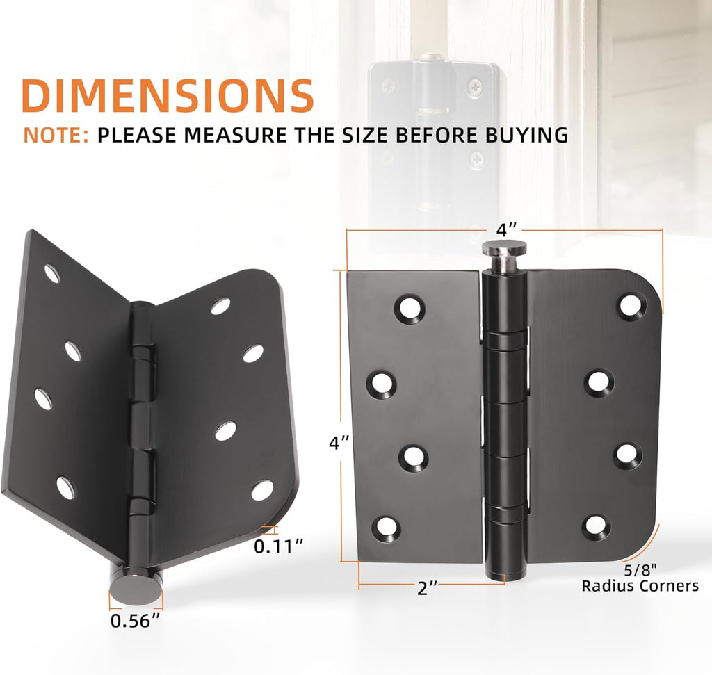 3 Pack Black Heavy Duty Pin Removable 4" X 4 Inch Stainless Steel Ball Bearing Square Door Hinges with 5/8" Radius