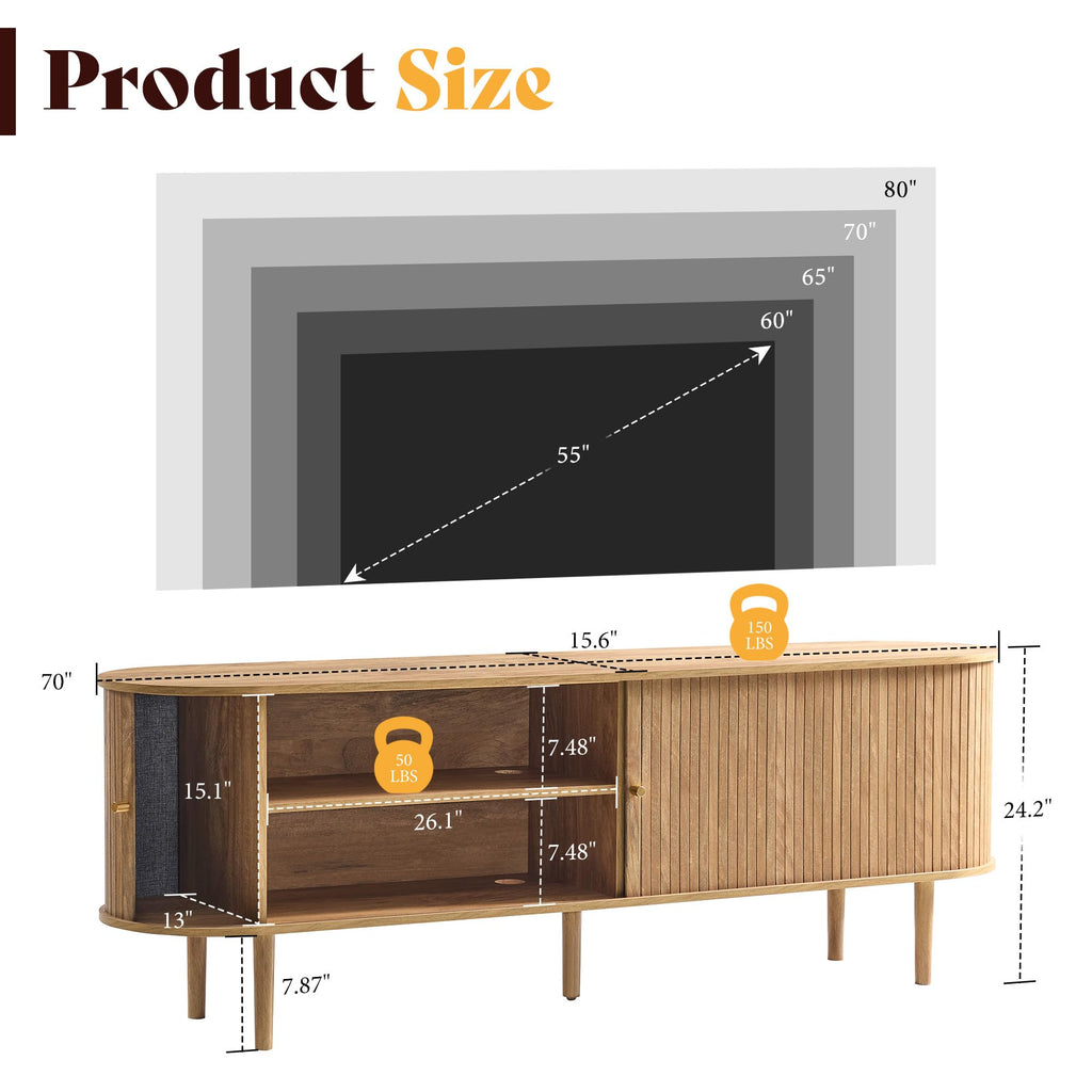 70" Mid-Century Modern Fluted TV Stand with Storage, Natural Oak