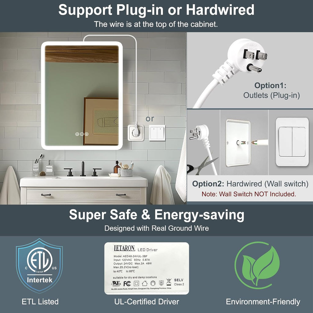 24x32 Medicine Cabinet with Lights (Left-Hinged), AL Alloy Frame, 2 Outlets +1 USB +1 Type-C, Recessed or Surface