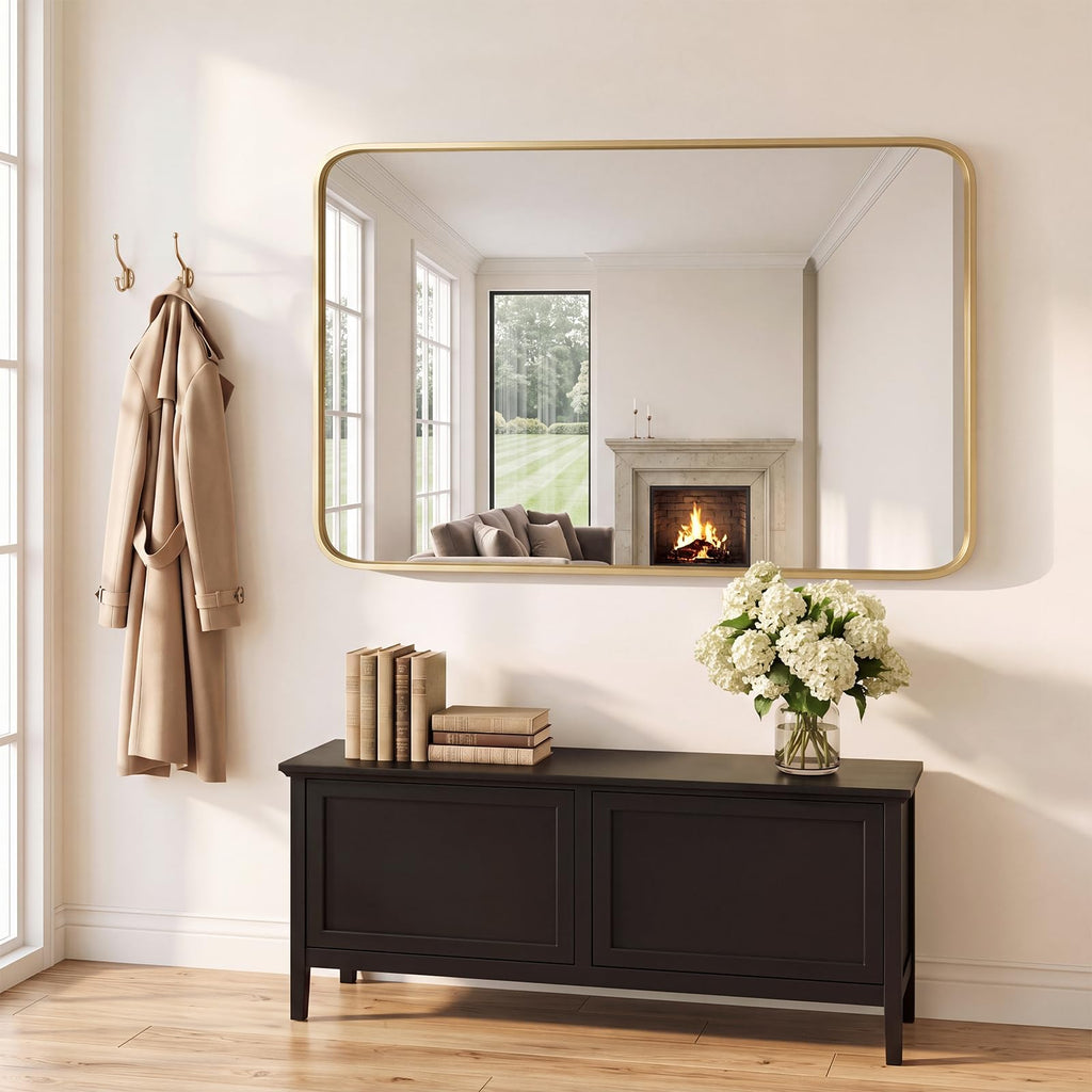 Bathroom Wall Mirror, 48x30 Inch Wall Mount Mirror for Over Sink, Modern Rounded Rectangle Vanity Mirrors with Matte