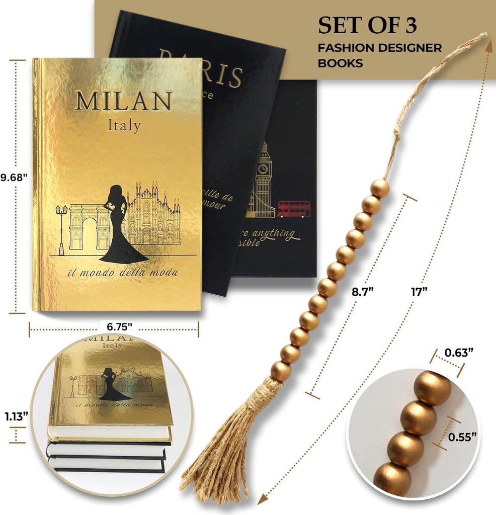 Decorative Books Set of 3 with Golden Garland Bead - Decorative Books for Coffee Table, Home Decor - Designer Books