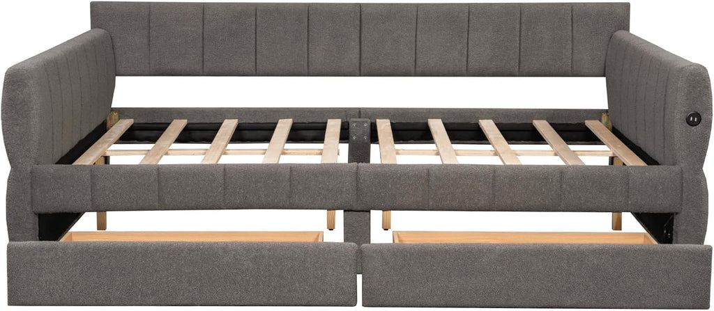Queen daybed with USB, Queen Corner beds, Upholstered daybed with 2 Drawers for Kids,Teens,Adults, Lambswool, Gray
