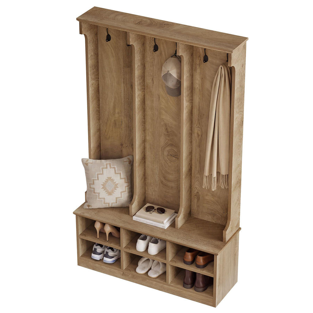 Hall Tree with Bench and Shoe Storage, Rustic Oak