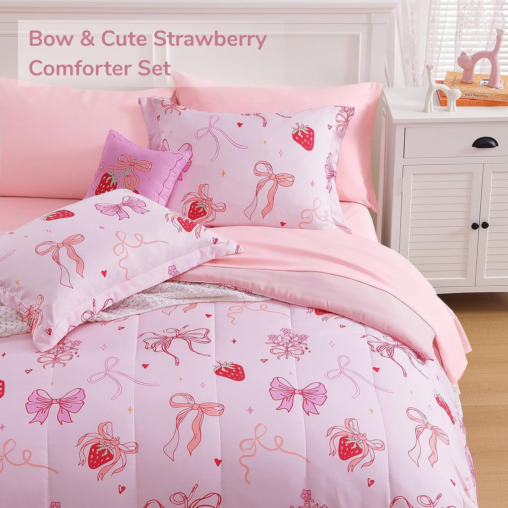 Full Comforter Set for Girls - 4 Pieces Pink Bow Full Bedding Sets for Kids, 1 Comforter, 2 Shams and 1 Decor Pillow