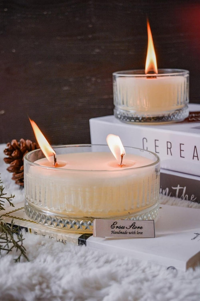 Crystal Glass Candle Holder Set with Amber Scented Soy Wax - 2 Piece Set - Glass