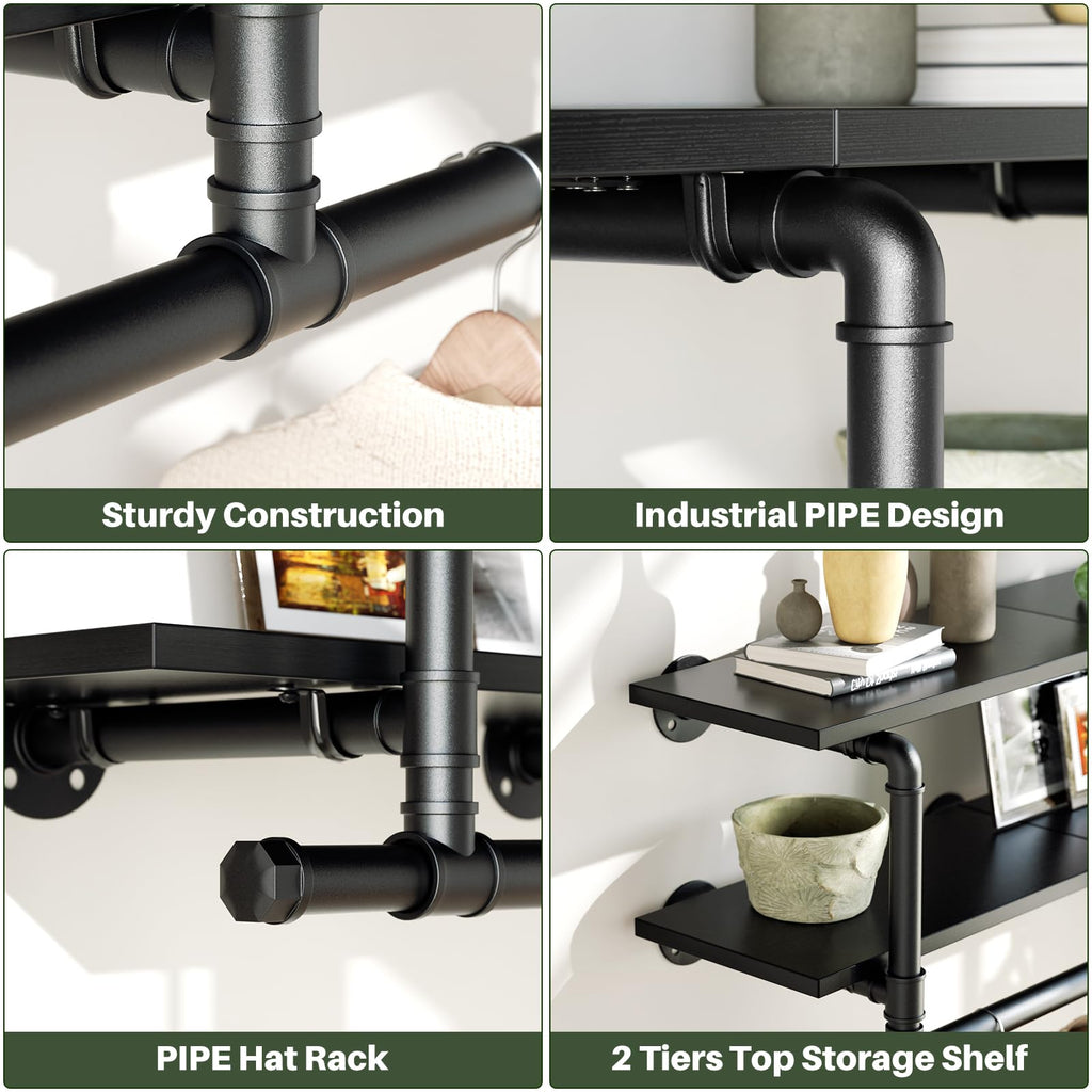 Industrial Pipe Clothing Rack, Wall Mounted Closet Shelf with Rod