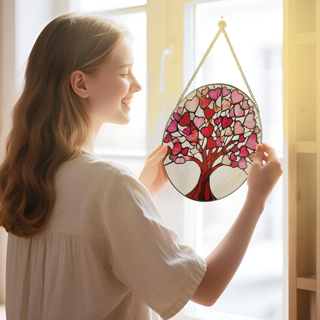 Stained Glass Window Hanging - 8 Inch Love Heart Tree Suncatcher, Sun Catchers Indoor Window | Valentine's Day