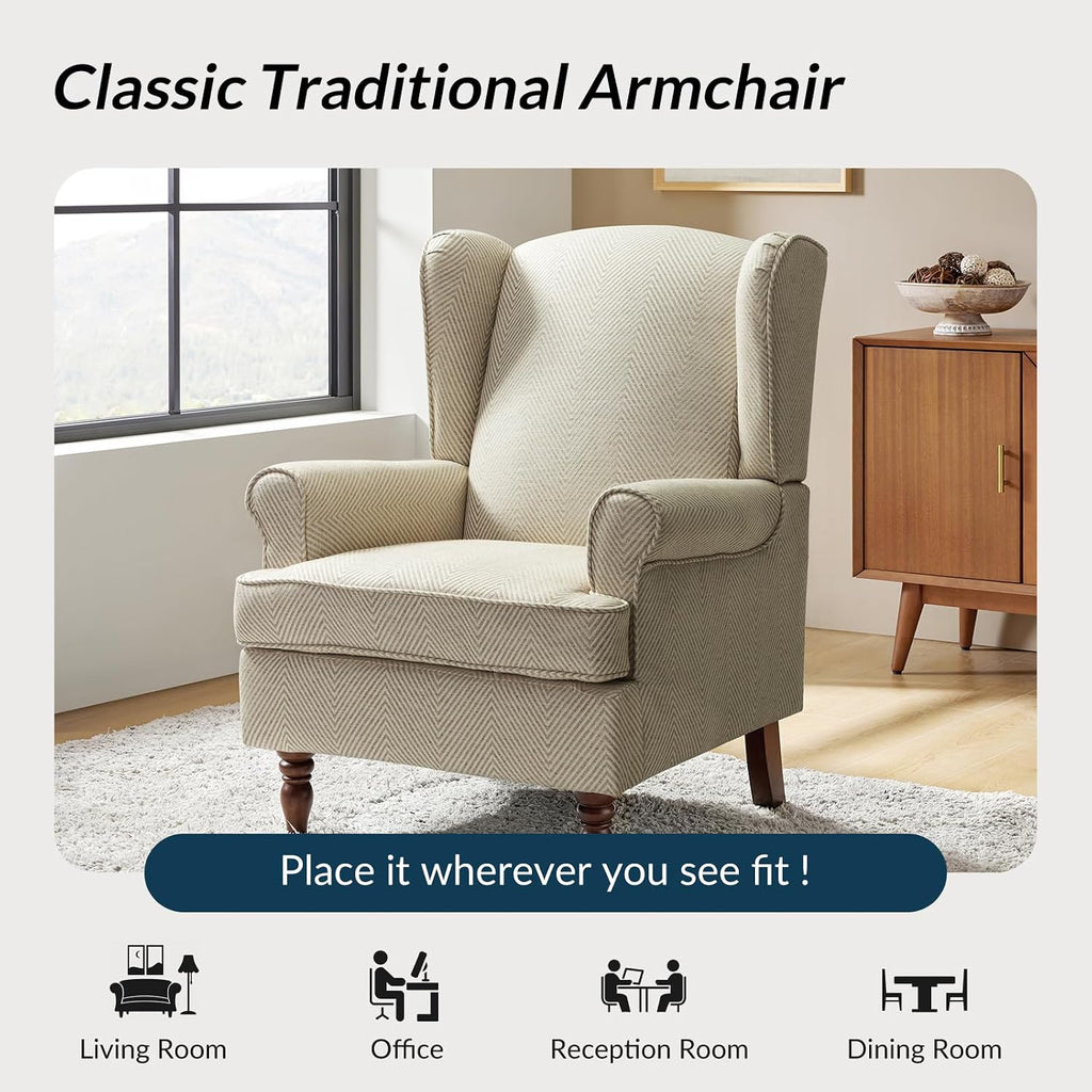 Wingback Accent Chair with Retro Wooden Legs, Traditional Fabric Armchair Bedroom, Comfy Upholstered Single Sofa