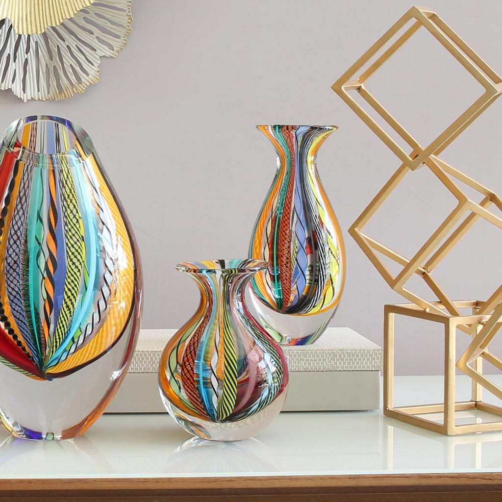 Murano Style Glass Vase Hand Blown Colored Canes Boho Effect Home Decor | Hand Blown Glass Vase, Decorative Table