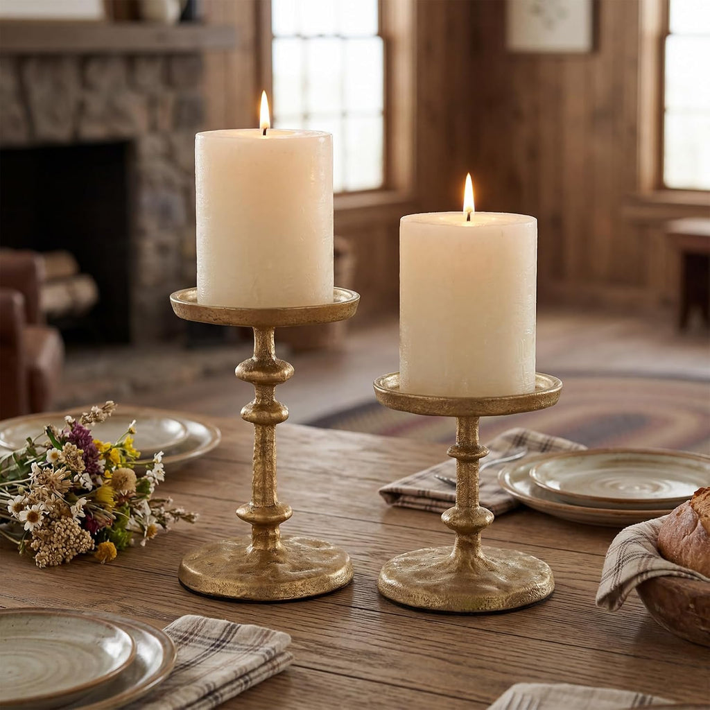 Gold Cast Iron Pillar Candle Holders Set of 2 Farmhouse Candlesticks | Fireplace Mantel, Dinning Table Centerpieces