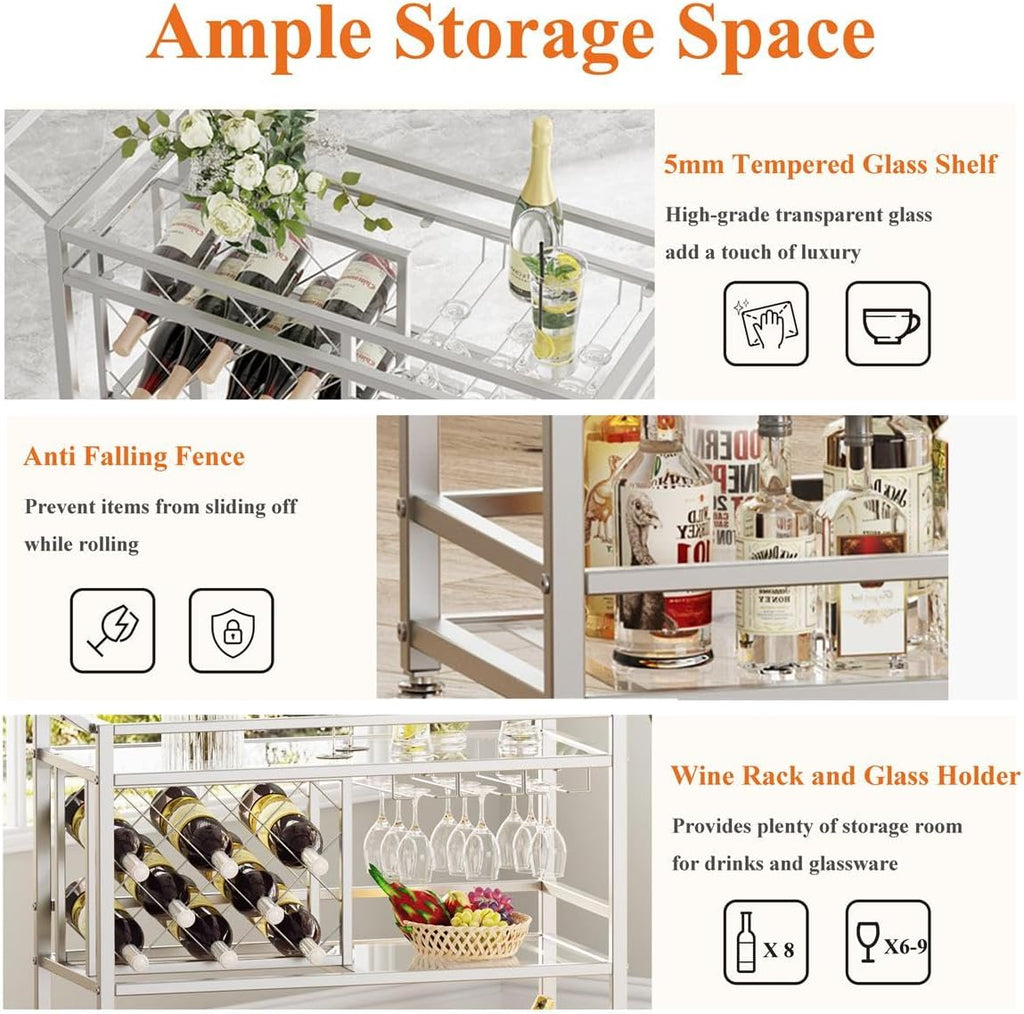 Bar Cart Silver, Bar Carts for The Home, Home Bar Serving Carts for Liquor, Rolling Wine Cart with 3 Tier Mirrored