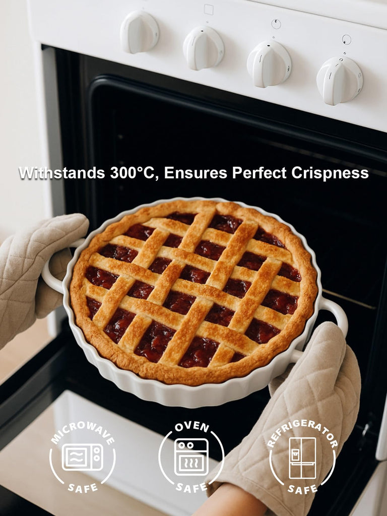 9×2in Deep Ceramic Pie Pan with Handles for Pie Quiche Tart Baking. Easy to grip, Lead-Free. Casserole Lasagna Dish
