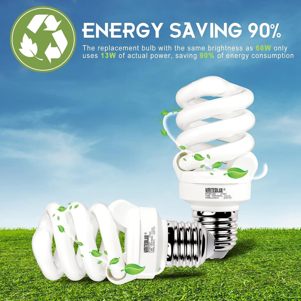 E26 Spiral CFL Light Bulbs Medium Base 13Watt (60Watt Equivalent) Soft White 2700K, 1040Lm Non-dimmable Compact