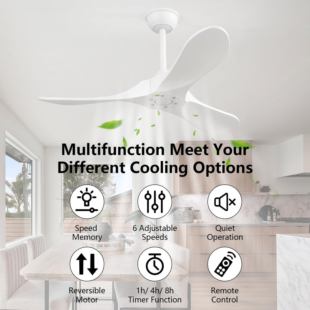 42'' Outdoor Ceiling Fan without Light, 3 Solid Wood Damp Rated Ceiling Fan with Large Airflow, White Fan, Gazebo, Porch.