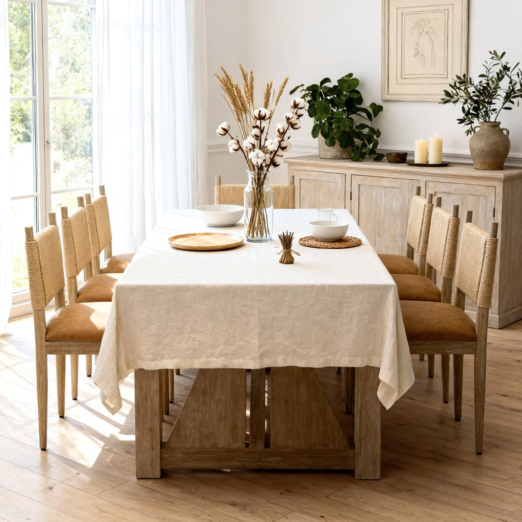 Modern Coastal Woven Dining Chairs Set of 6, Brown Faux Leather