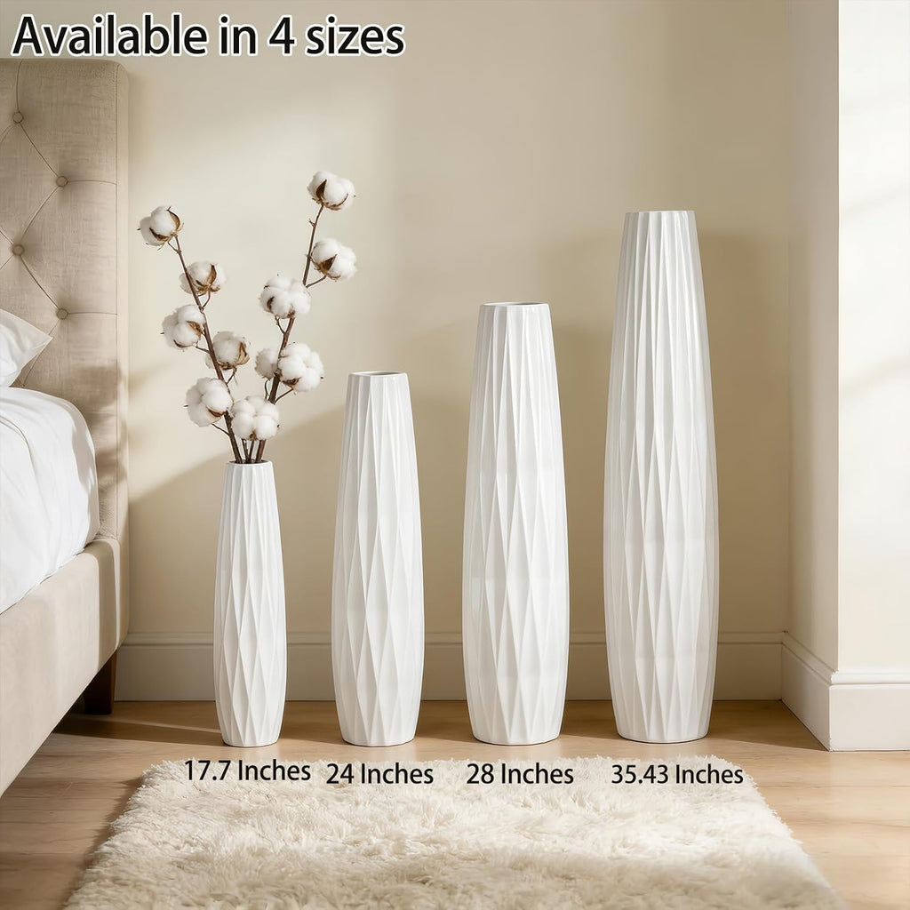 White Tall Ceramic Floor Vase, 35.4 Inch, Ribbed Design, Large Decor | Glossy Glazed Finish, Spacious Rooms