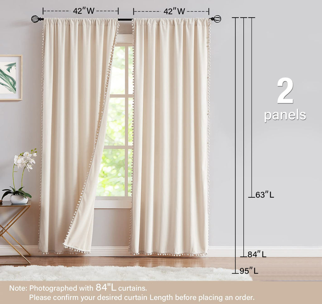 Ivory Velvet Curtains 40x95" Pom Pom Bedroom Window Drape 2