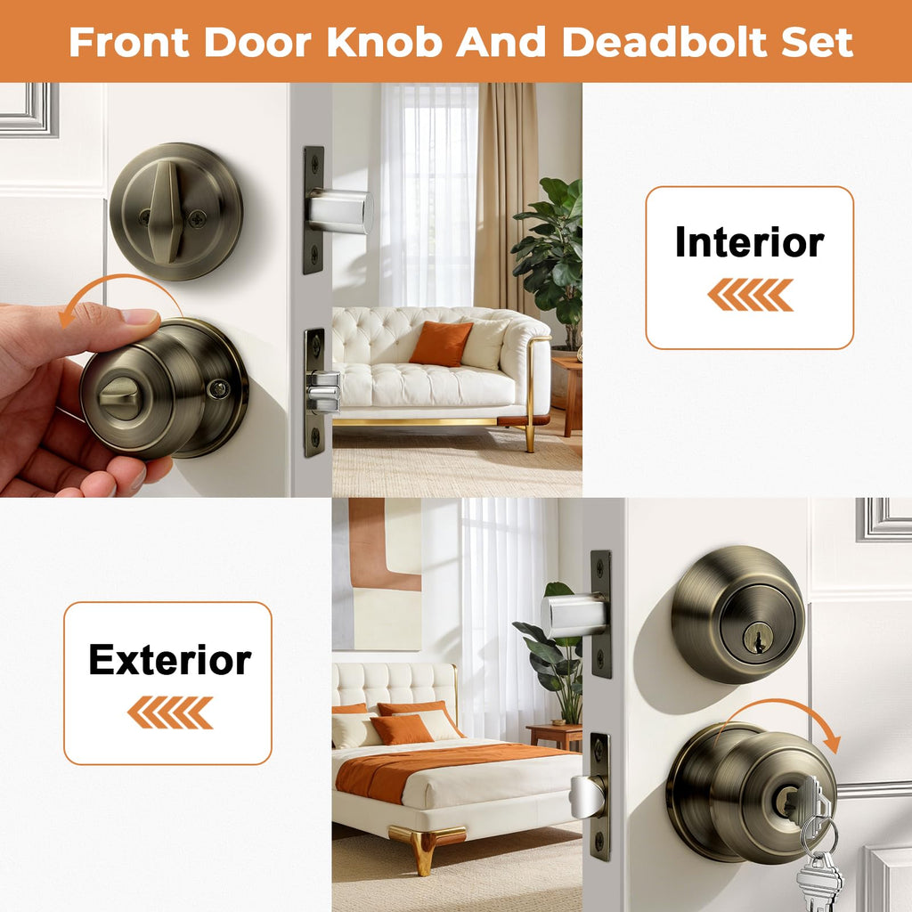 1 Pack Entry Door Knob Set with Single Cylinder Deadbolt Combo Set, Antique Brass Front Door Handle Keyed Alike