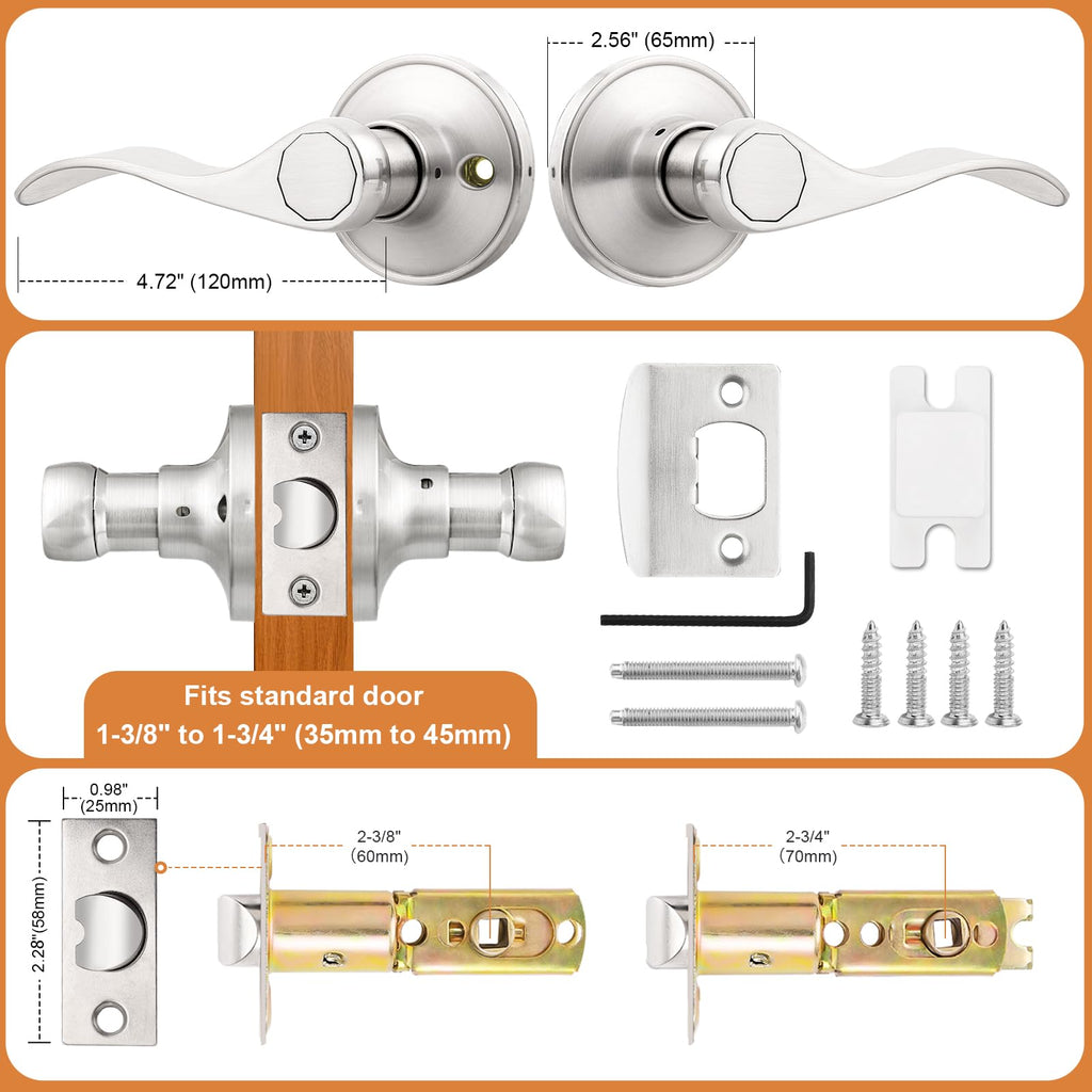 Interior Brushed Nickel Door Handle, Wave Style Passage Door Handles, Keyless Door Levers Lockset for Closet and