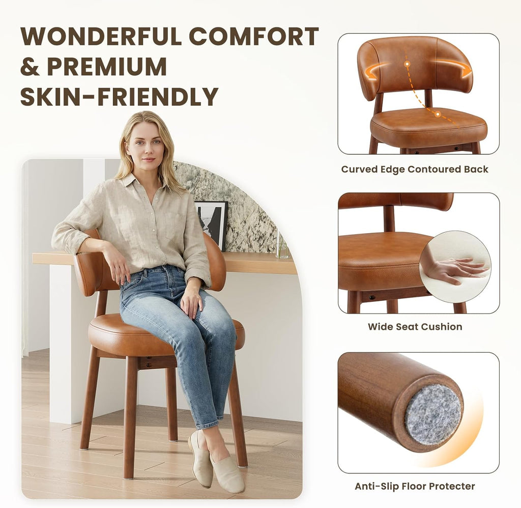 Wooden Dining Chairs Set of 4, Modern Upholstered Dining Room Chair, PU Leather Kitchen Side Chairs with Curved Open