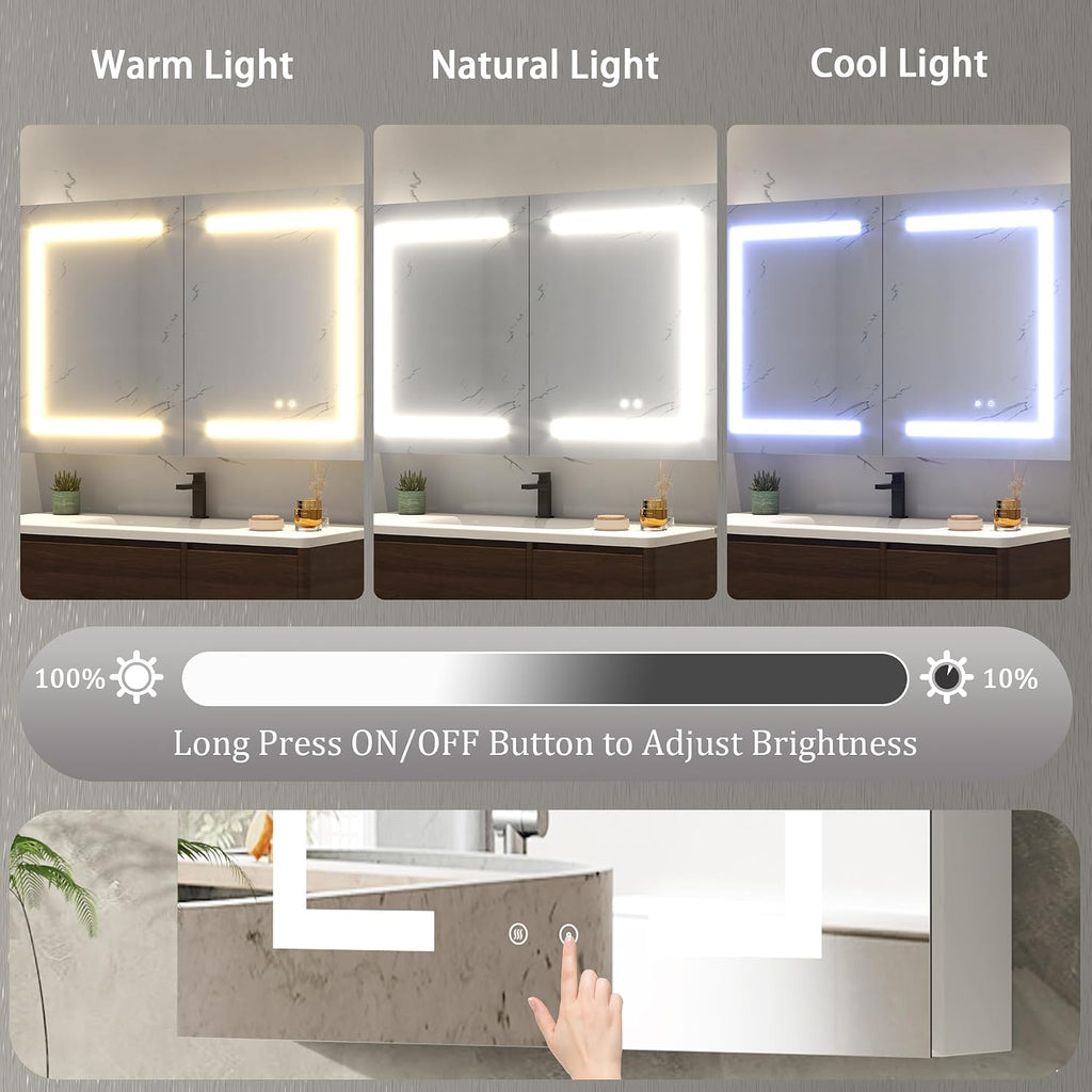 LED Medicine Cabinet with Mirror , Assembly-Free Lighted Medicine Cabinet, Defog, Stepless Dimming, 3 Colors, 2