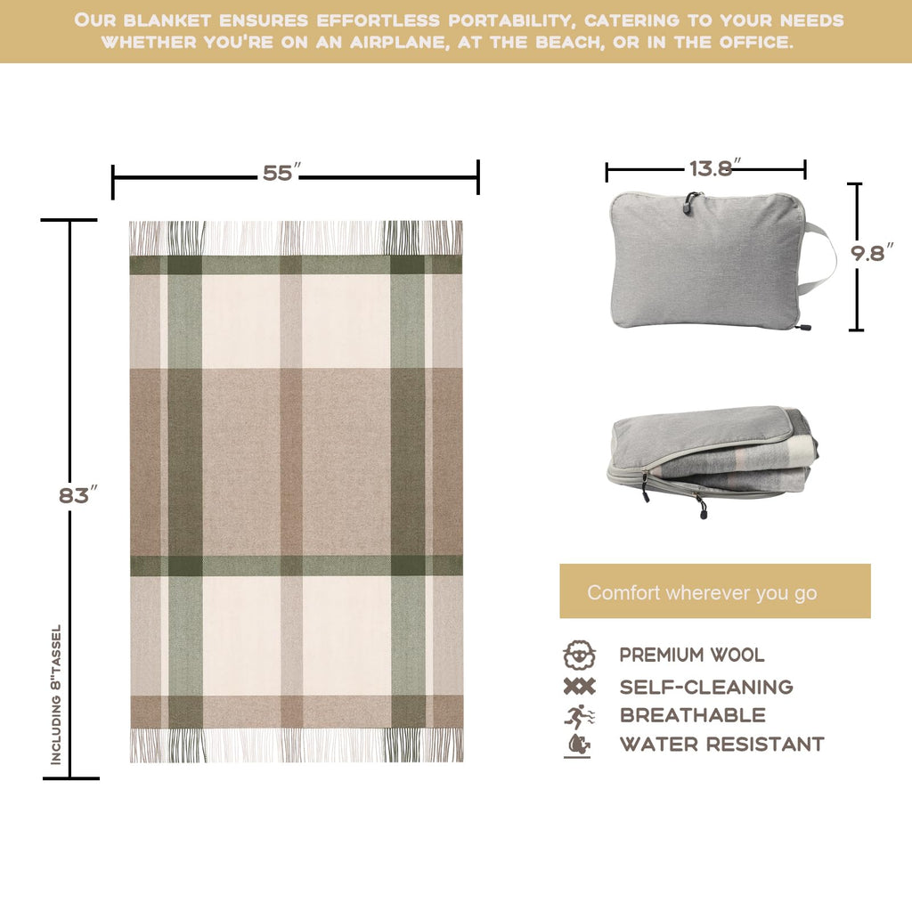 Wool Plaid Throw Blanket, Skin-Safe Warm Throw for Couch & Travel