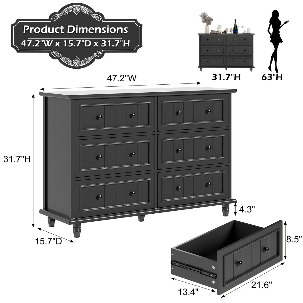 Black 6 Drawer, Vintage Chest of Drawers, 47.2'' Bedroom Cabinet