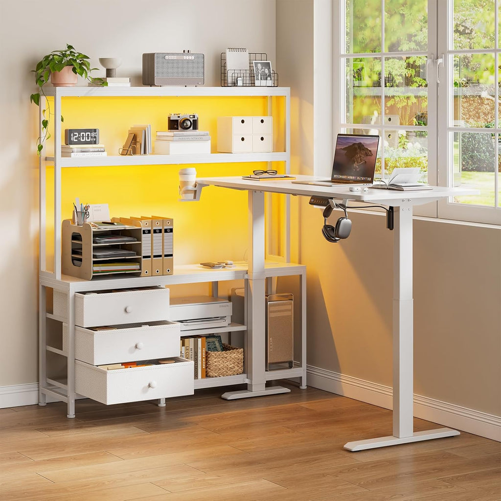 65Inch White L Shaped Standing Desk with Drawers and Hutch | Charging Station, RGB LED lights, Reversible Desk, File