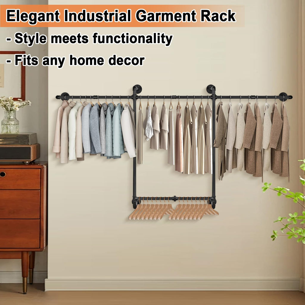 Industrial Pipe Clothes Rack, Heavy Duty Detachable Iron Garment Rack Wall Mounted, Rustic Saving Space Clothes Bar