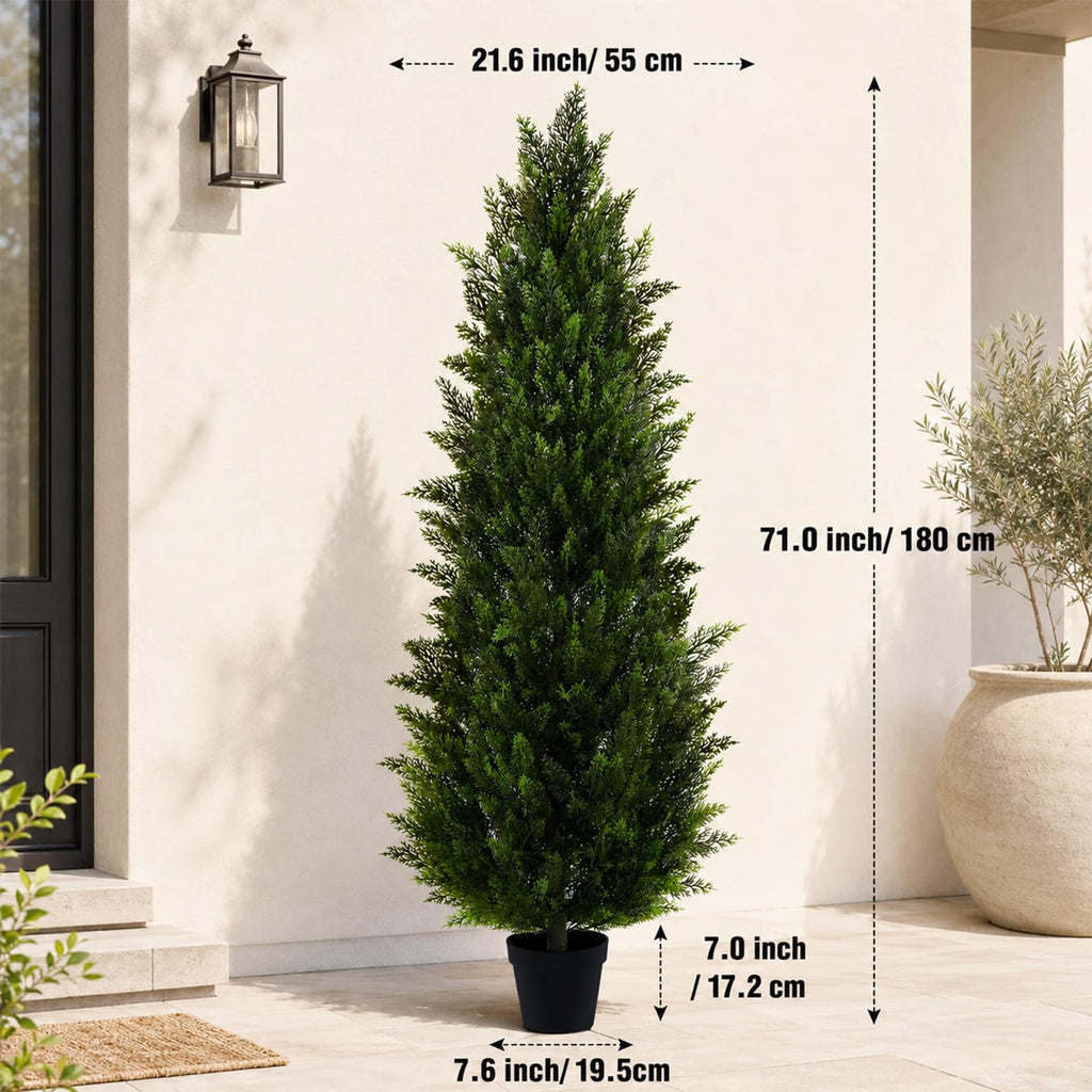 Artificial Topiary Cedar Trees 6FT Tall 2 Set, Outdoor Indoor Faux Pine Shrubs Plants, Realistic Fake Plants Front