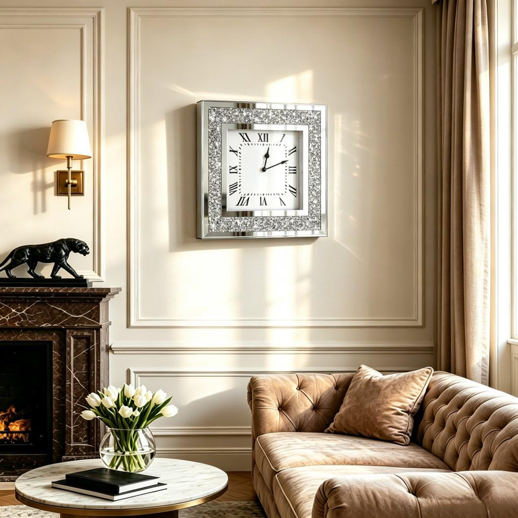 Crystal Crush Diamond Mirrored Square Wall Clock with Sparkle Twinkle Bling Diamond Decor for Wall Decoration