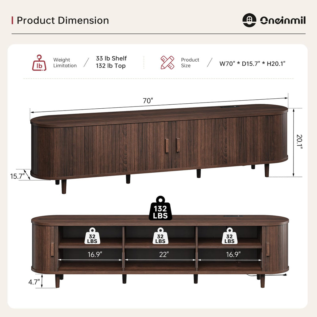 70" Mid Century Modern TV Stand with Sliding Doors, Wood Entertainment Center with Storage and Adjustable Shelves