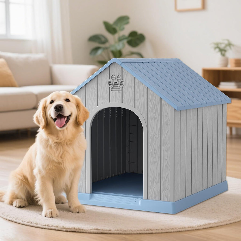 Large Dog House Outdoor Indoor for Medium Large Dogs, Sturdy Plastic Waterproof Doghouse with Air Vents and Elevated
