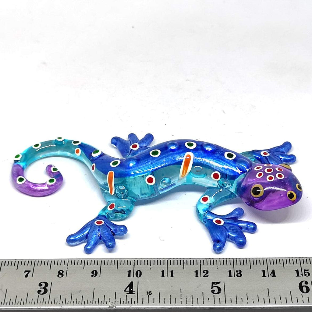 Glass Gecko Figurine Blue Miniature Hand Blown Lampwork Animal Statue Decor