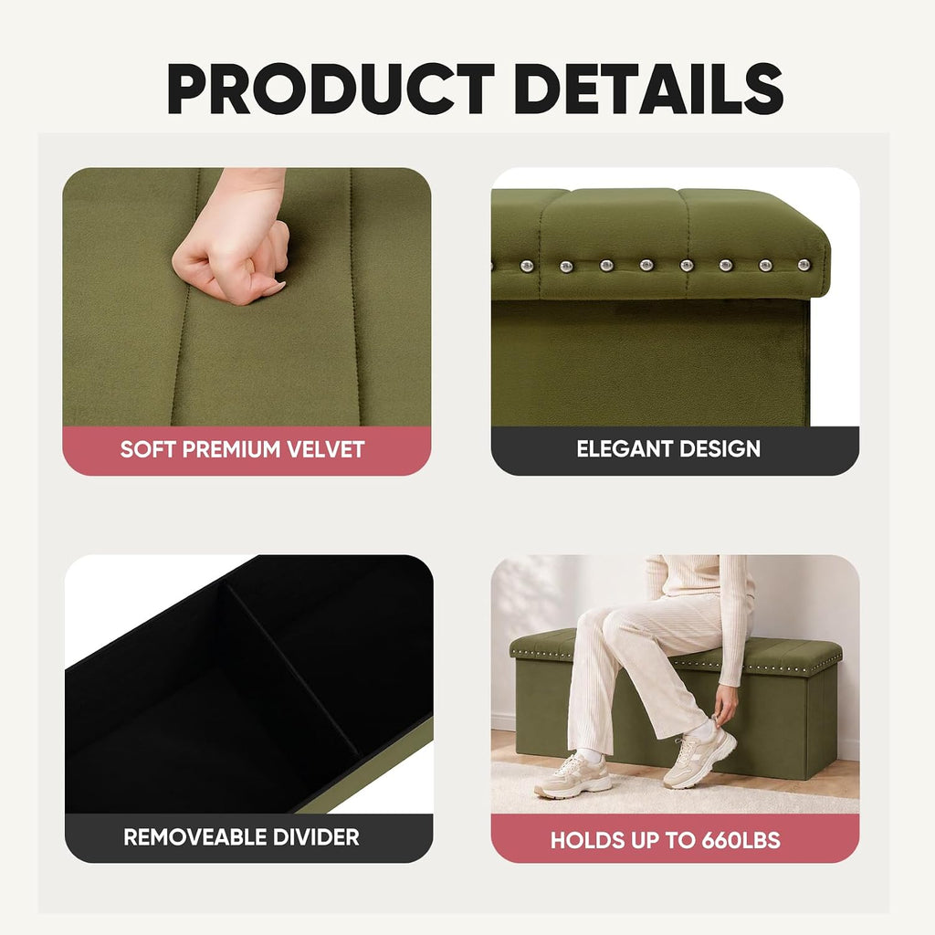 43 Inches Velvet Storage Ottoman Bench | Folding Upholstered Ottoman with Storage , End of Bed, 140L Capacity