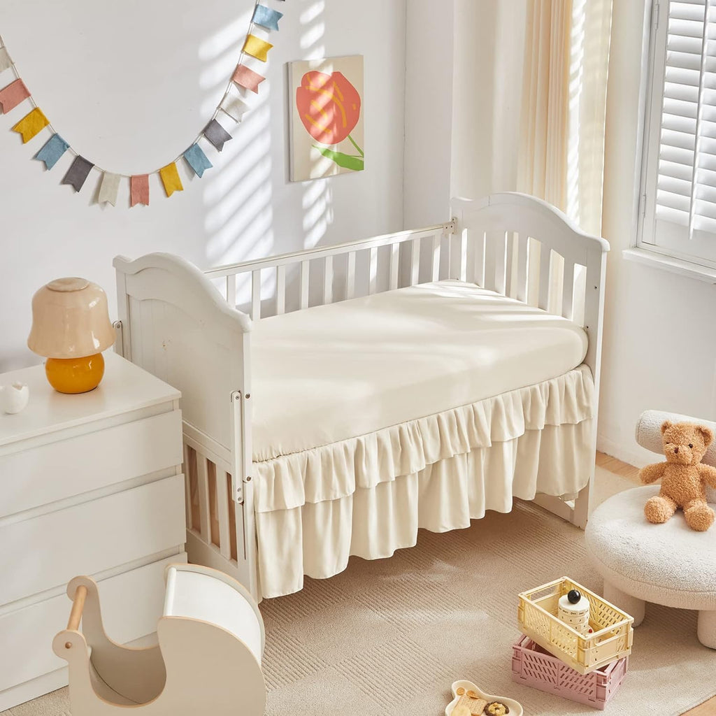 Mini Crib Bedding Set 3 Pieces Baby Boho Quilted Tufted Ruffles Comforter with Fitted Sheet and Ruffled Bed Skirt