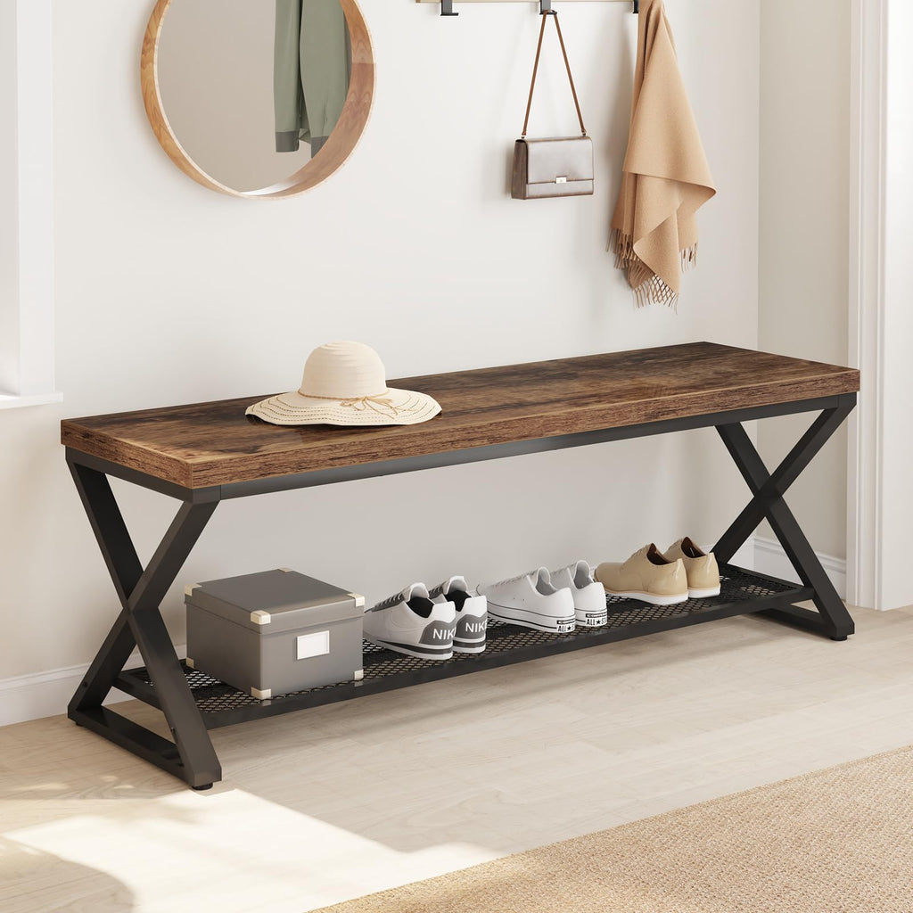 Rustic Brown Entryway Bench, 47" Industrial Shoe Bench with Storage