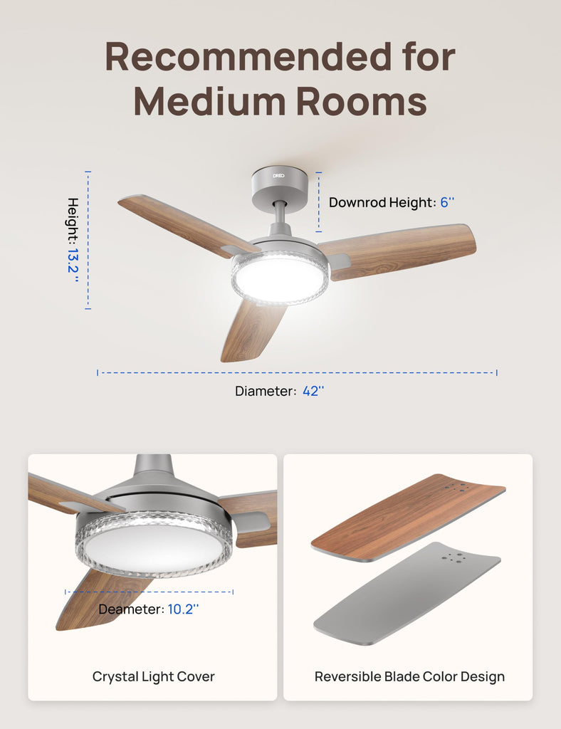 Ceiling Fan with Lights, Quiet DC Motor, 20db, Quick-Install, Powerful Airflow, 6 Speeds with Remote, Reversible