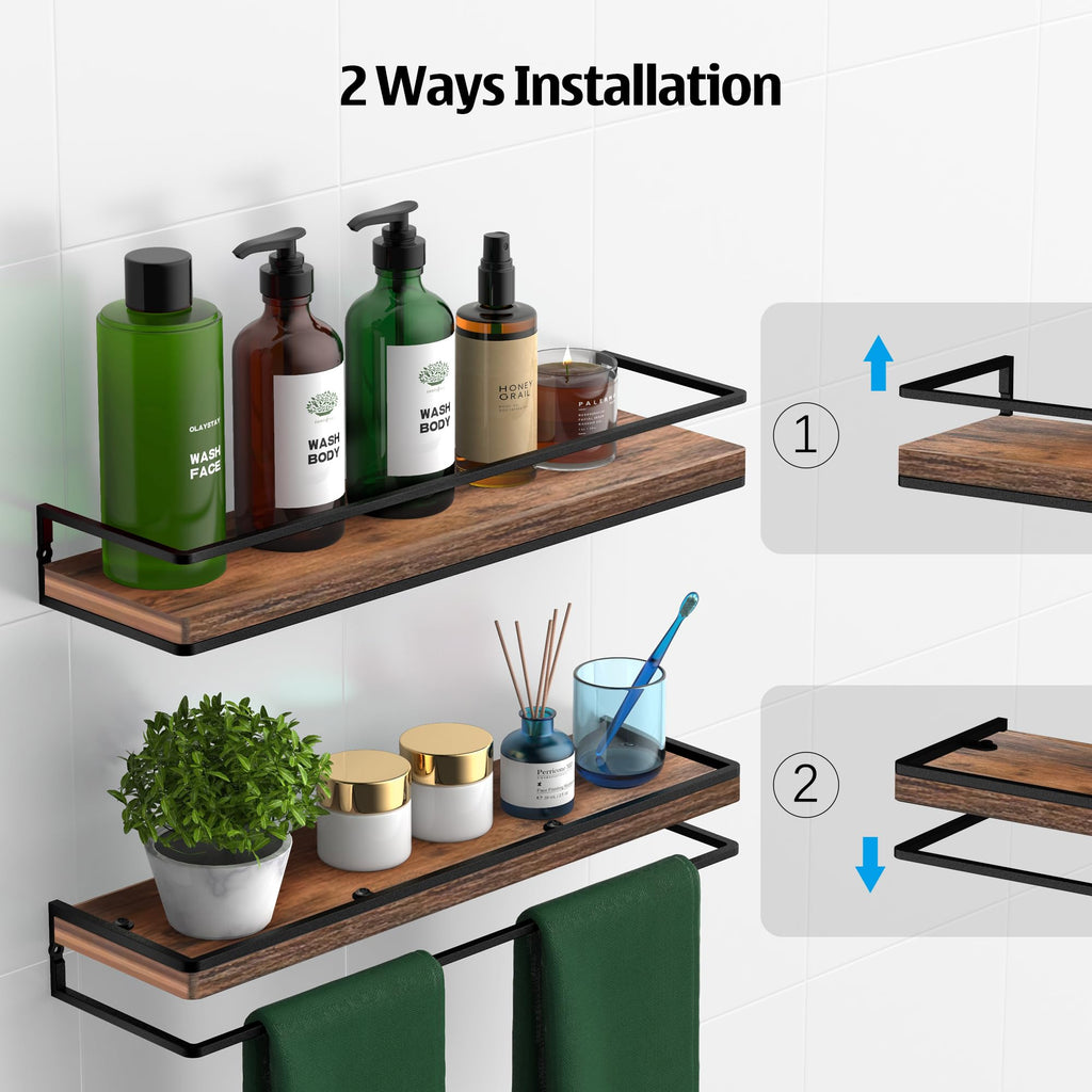 Rustic Brown Floating Shelves for Wall 17" Bathroom Shelf Set of 2