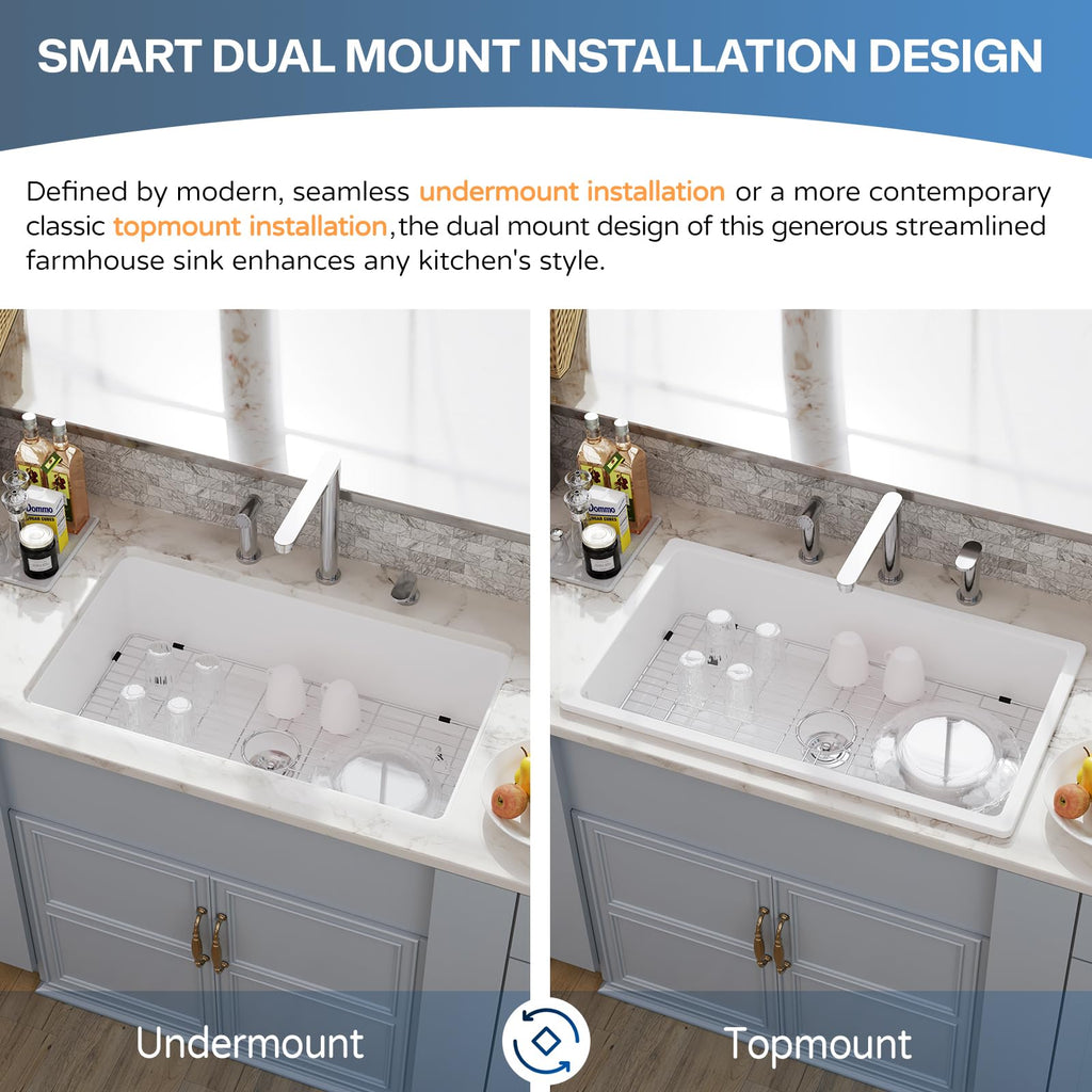 30 White Undermount Kitchen Sink, Topmount & Undermount Kitchen Sink 30x18 inch White Porcelain Ceramic Fireclay