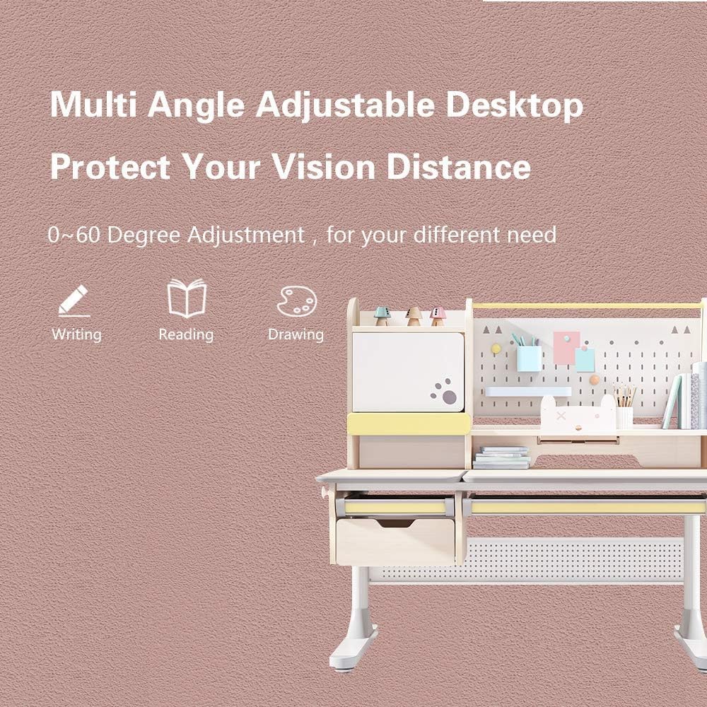 Kids Desk and Chair, Wood Ergonomic Adjustable Multi Function Study Desk and Chair Set, Drafting Table and Computer