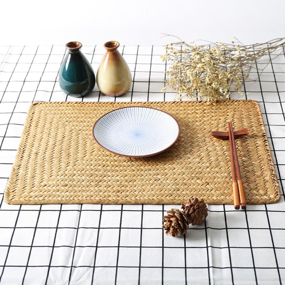 Woven Placemats, Rectangular Rattan Place mats, Natural Seagrass Placemats, Farmhouse Wicker Table Mats - Set of 6