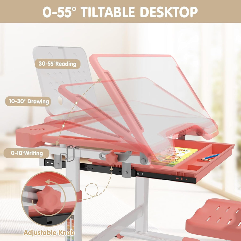 Kids Desk and Chair Set, Height Adjustable Study Table for Ages 3-12