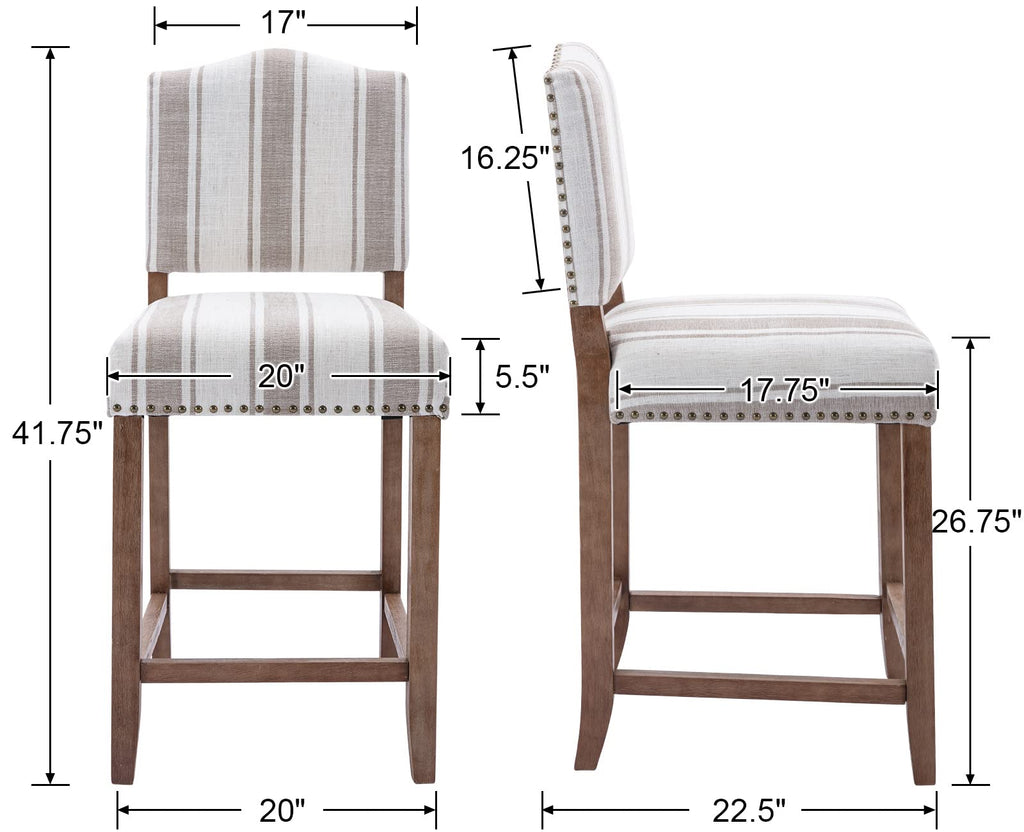 Farmhouse Bar Stools Set of 2 Counter Height Kitchen Barstools with Back Mid Century Modern Wooden Bar Chairs Linen